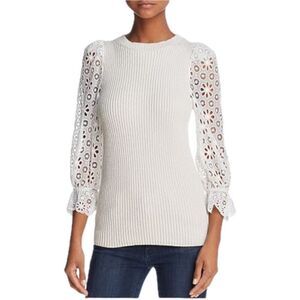 Rebecca Taylor Lace Sleeve Cream Pullover Sweater Size M